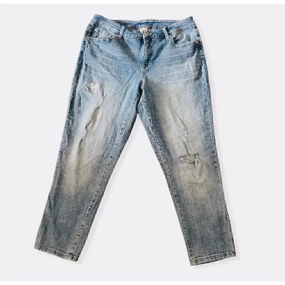 Faded Glory Lake Wash Distressed, High Waist Ripped Boyfriend Womens Jeans